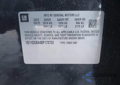 2013 Chevrolet Malibu 1Lt из США, поврежденный, VIN 1G11C5SA4DF172722